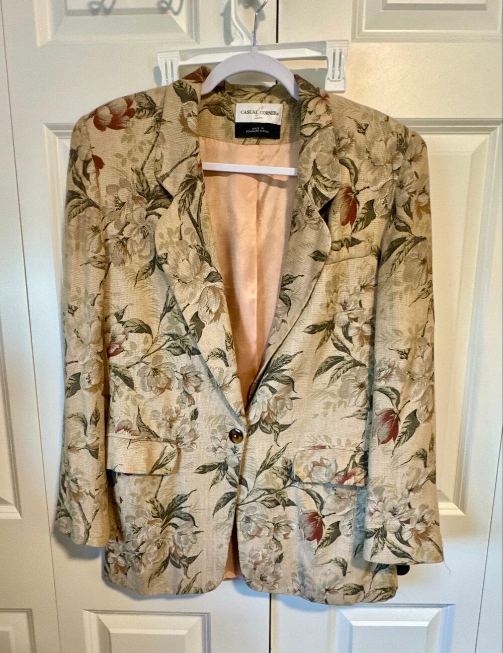 Vintage Casual Corner Tapestry Floral Linen Blend Blazer Jacket Tan Beige Size 8